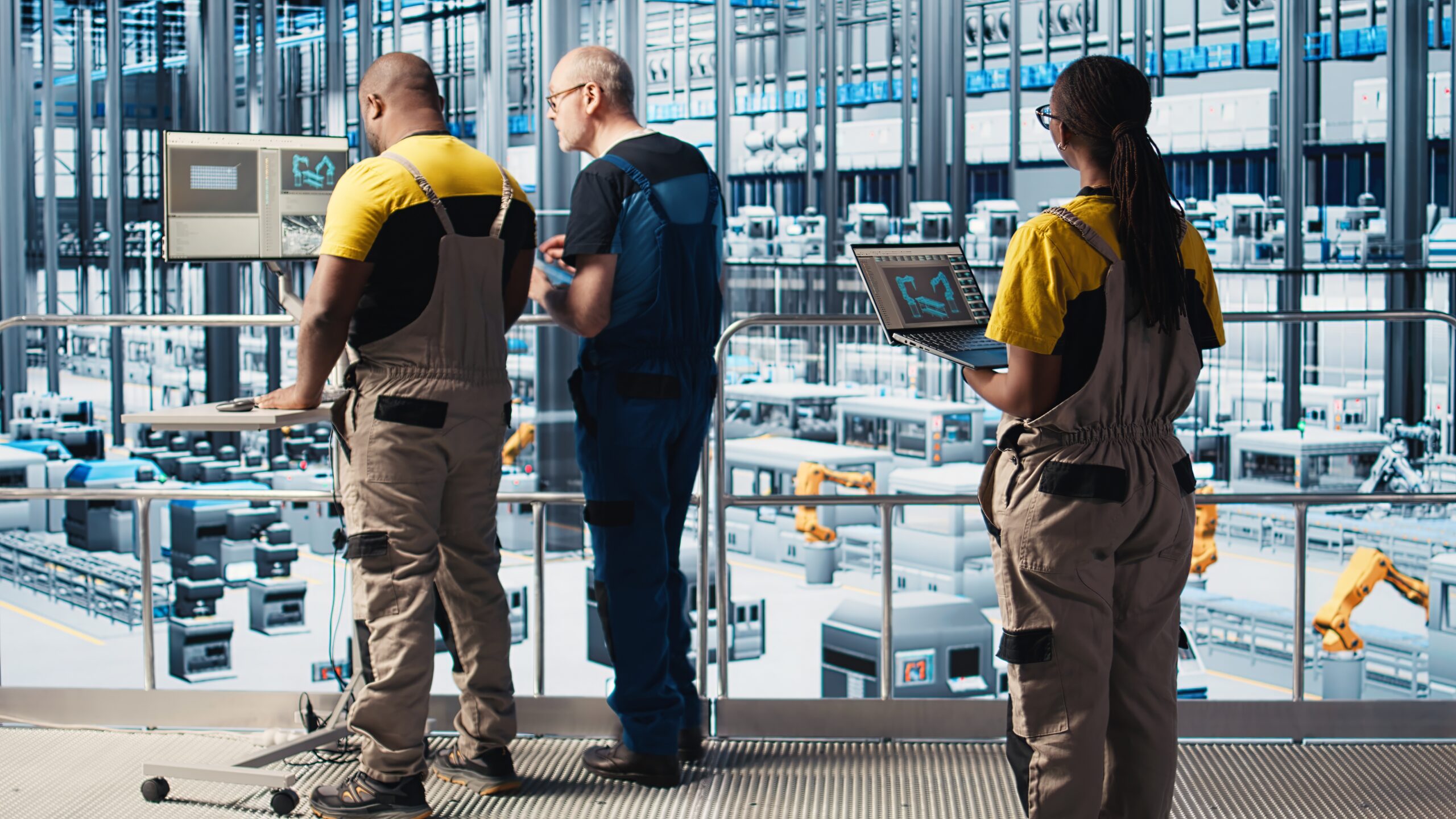 Engineers in industry 4.0 industrial plant controlling automated machinery, ensuring workflow continuity. Technicians in smart factory managing robotic arms and conveyor belts, camera A